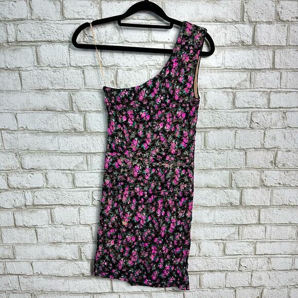 Dress the Population Marie Mini Floral One Shoulder Lace Black Pink Green S - Picture 3 of 10